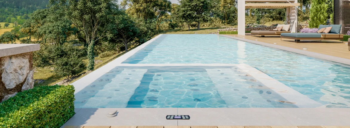 Hermosa piscina moderna en jardín
